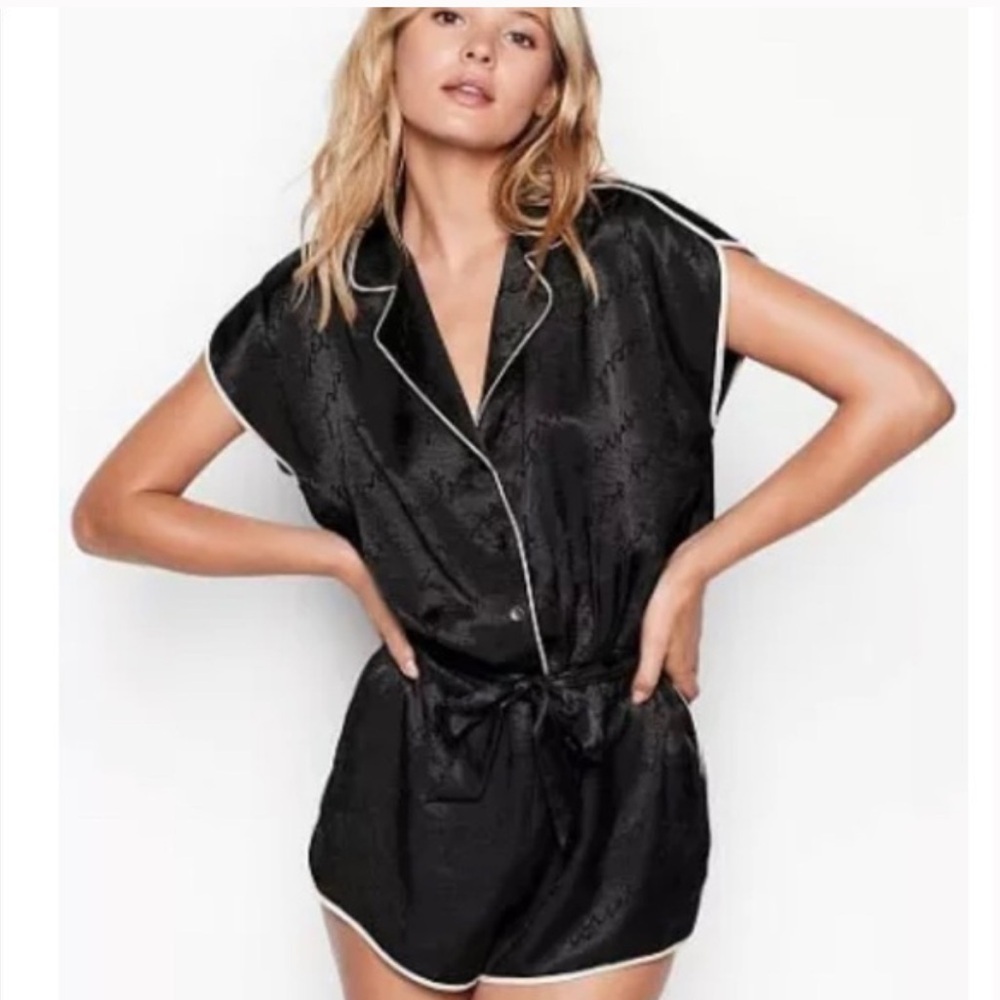 Victorias Secret Black Satin Collared Romper Button Up - size large